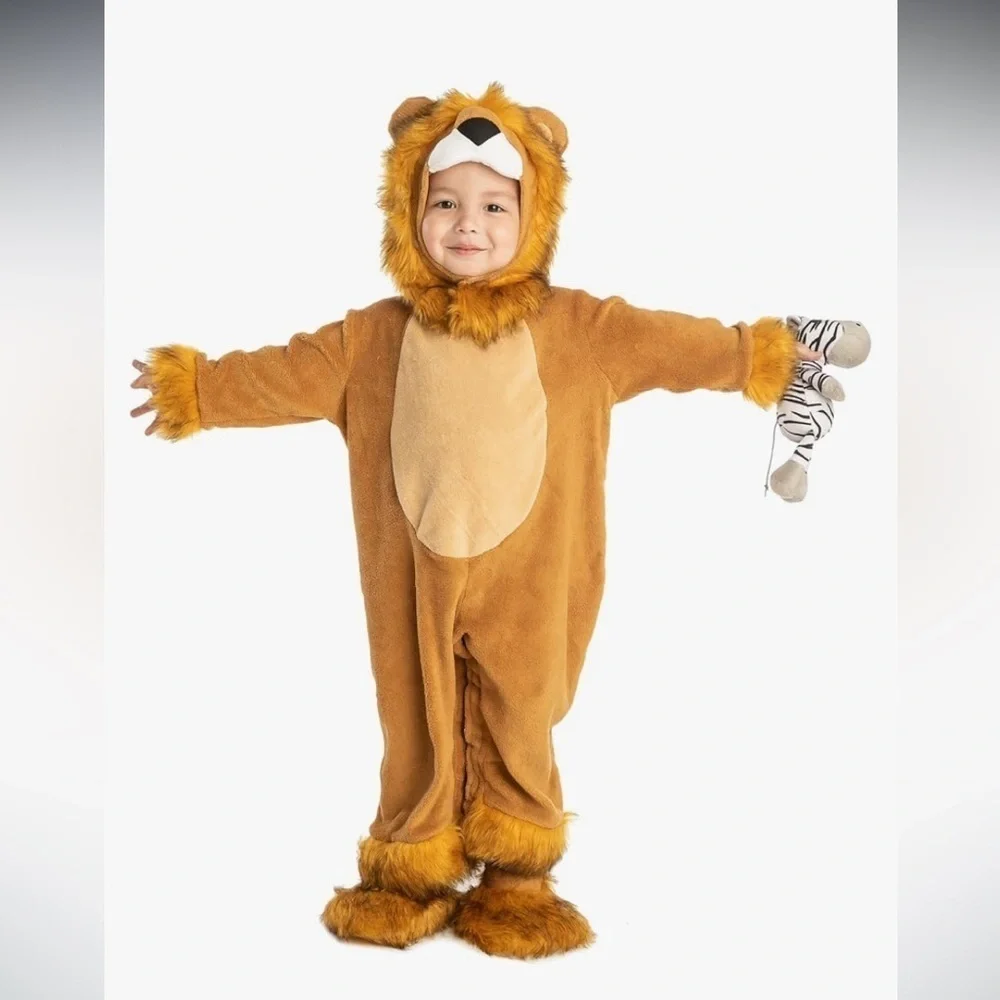 NWT 6-12mo Lion Costume w/Zebra Toy, lion hood, jumpsuit, booties and toy zebra